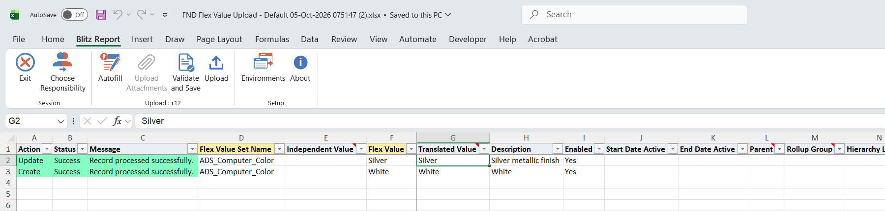 Result report showing the updated value Silver and the created value White with status Success