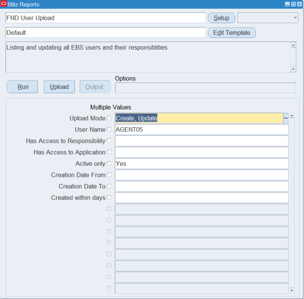 Blitz Report run screen for FND User Upload with Upload Mode Create, Update, User Name AGENT05 and Active only Yes
