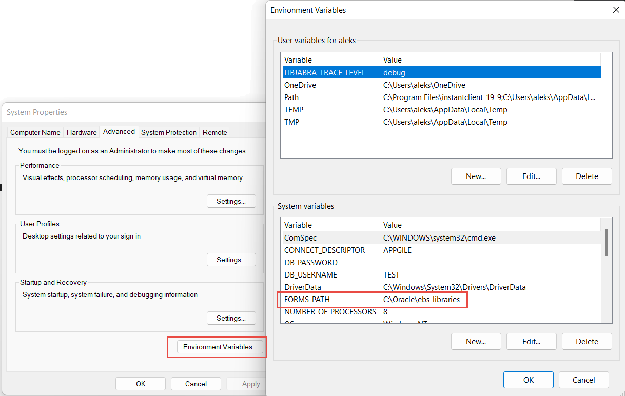Windows 11 Environment Variables dialog showing the FORMS_PATH system variable set to C:Oracleebs_libraries