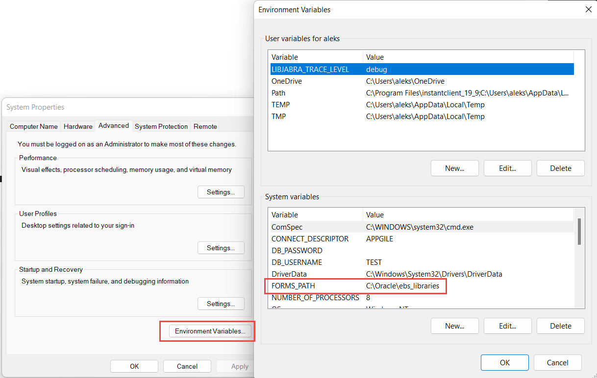 Windows 11 Environment Variables dialog showing the FORMS_PATH system variable set to C:Oracleebs_libraries
