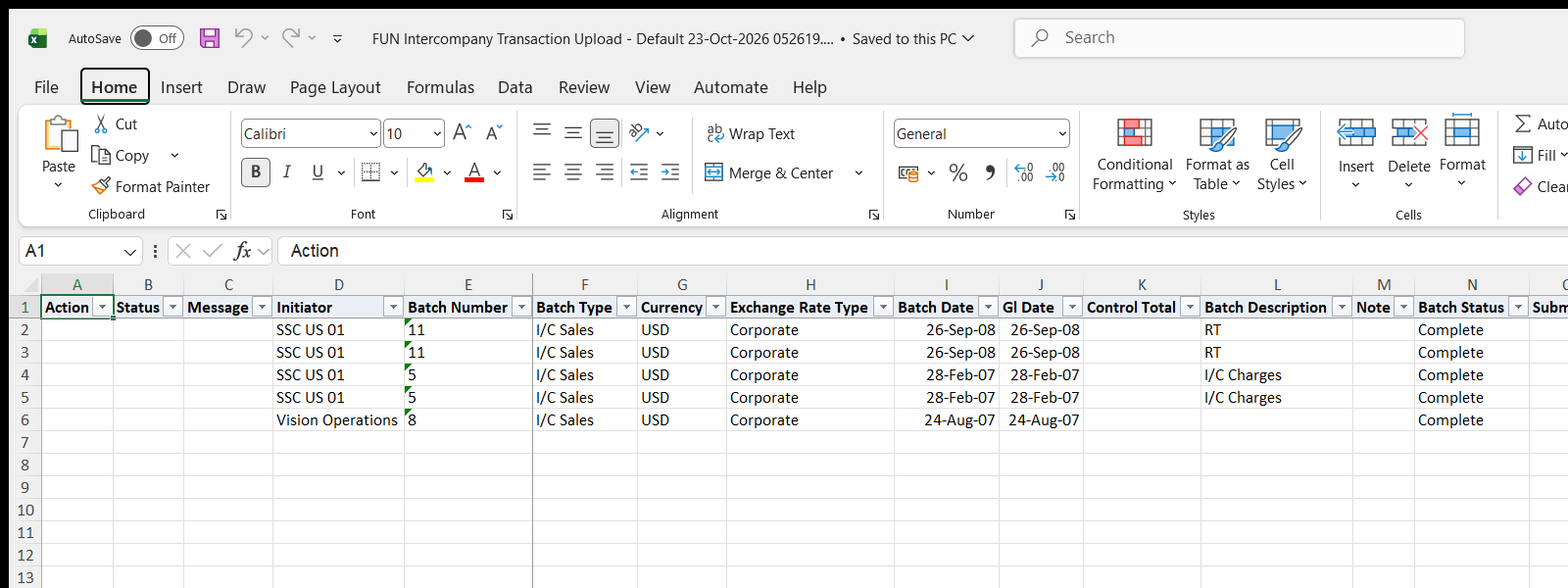 FUN Intercompany Transaction Upload downloaded Excel file
