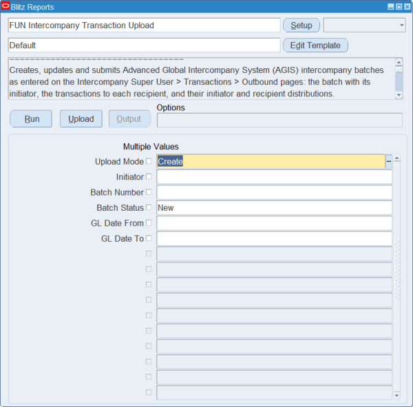 FUN Intercompany Transaction Upload run screen