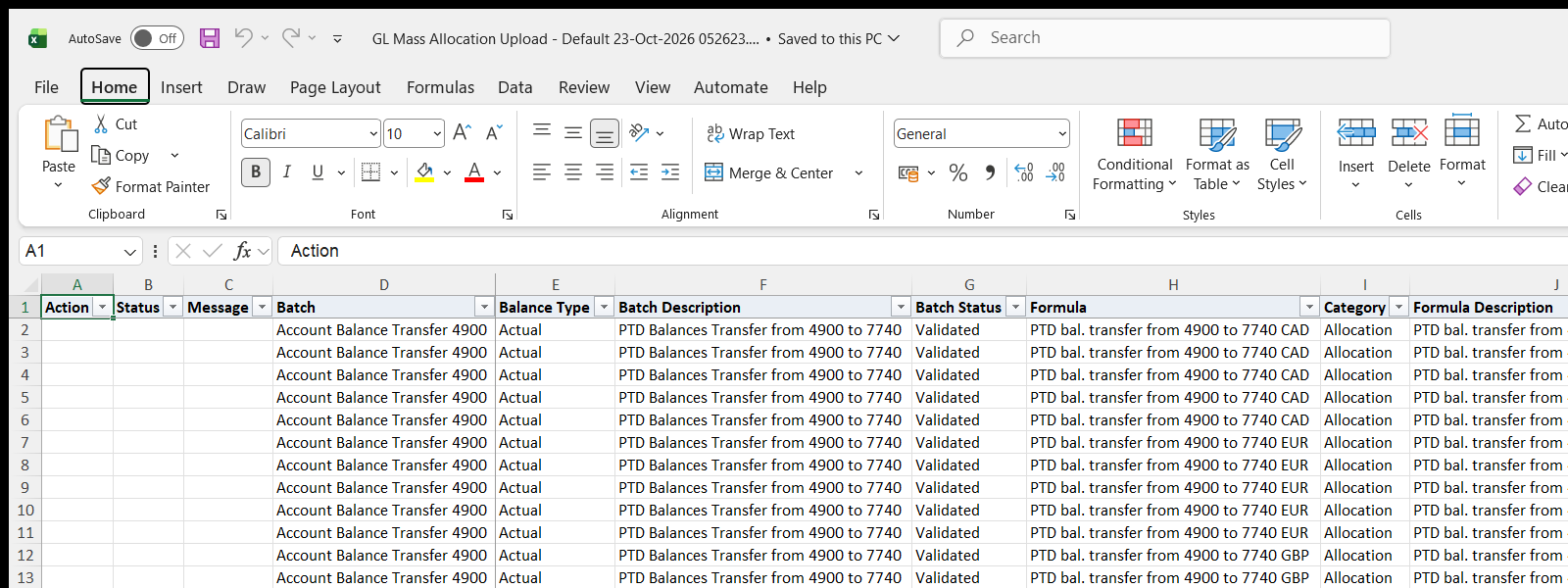 GL Mass Allocation Upload downloaded Excel file