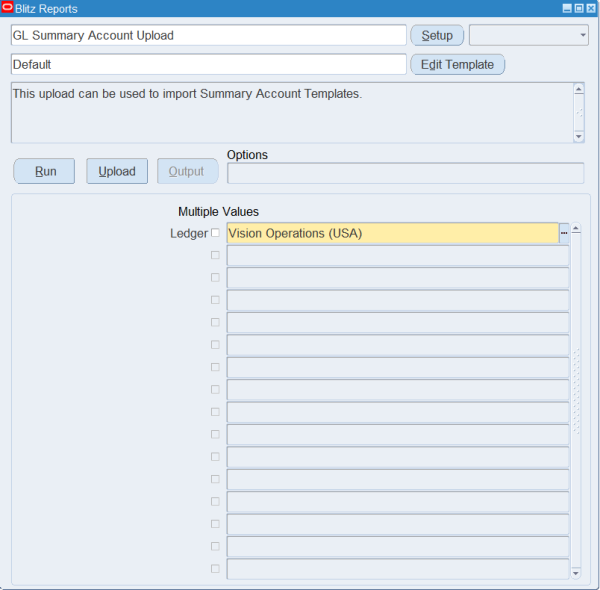 Blitz Report run screen for GL Summary Account Upload with the Default template and Ledger Vision Operations (USA)