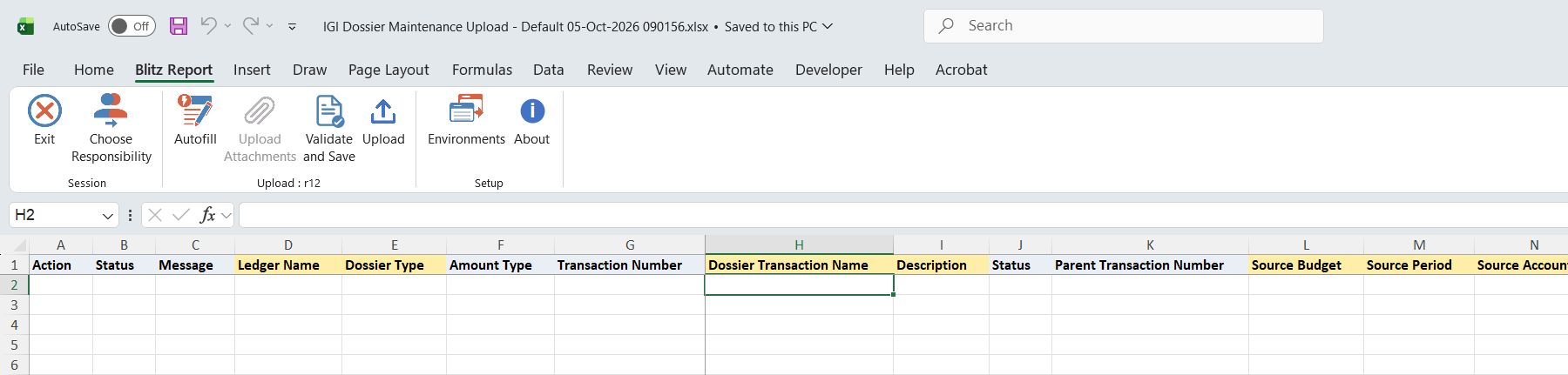 Excel file with the dossier columns Ledger Name, Dossier Type, Amount Type, Transaction Number, Dossier Transaction Name, Description, Status and the source and destination budget columns, ready for new rows