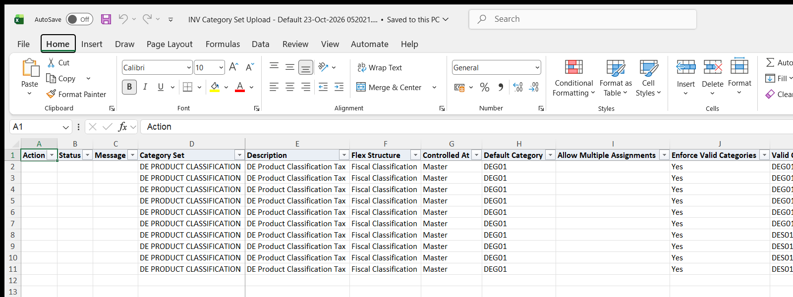 INV Category Set Upload downloaded Excel file