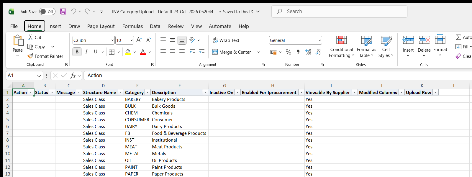 INV Category Upload downloaded Excel file