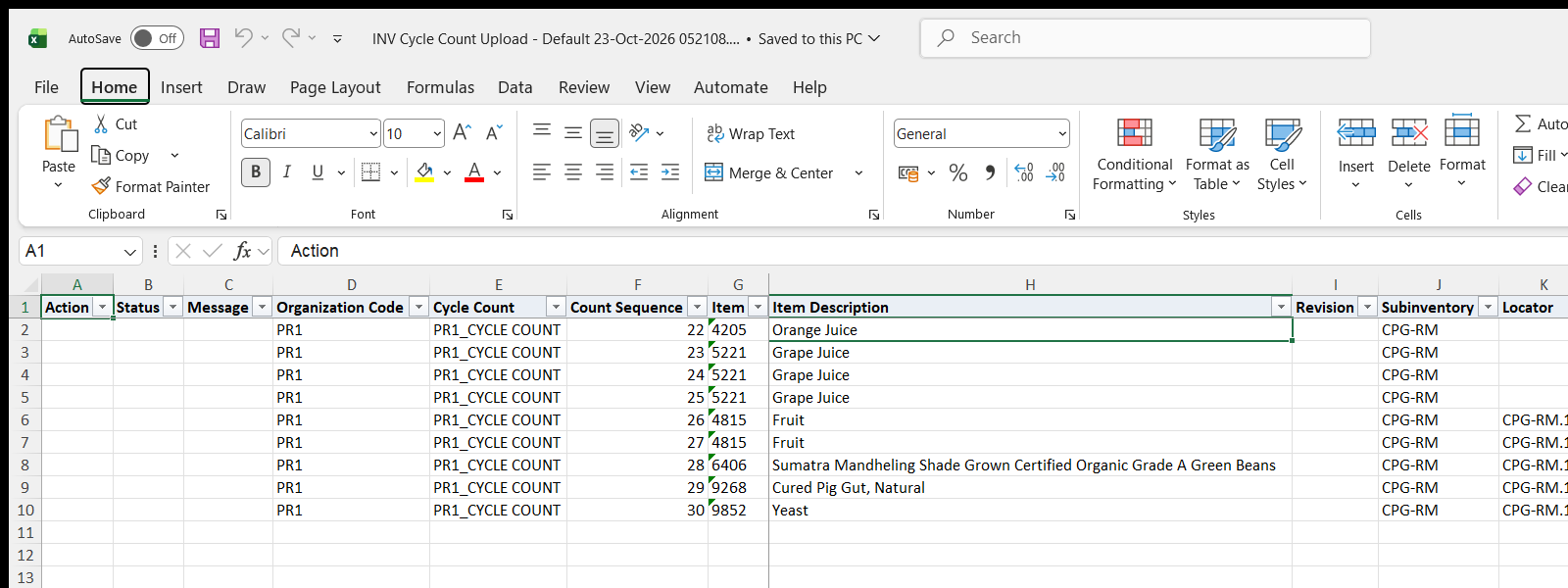 INV Cycle Count Upload downloaded Excel file