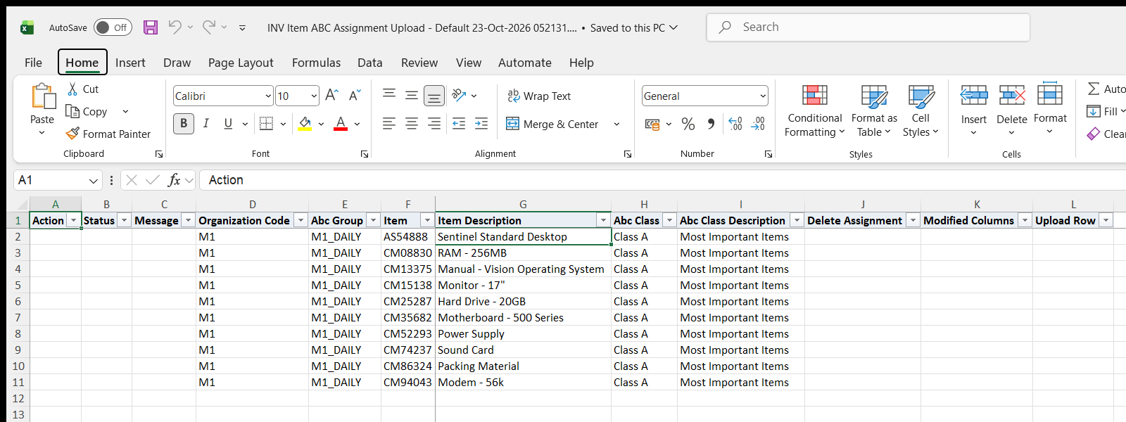 INV Item ABC Assignment Upload downloaded Excel file