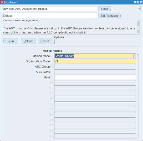 INV Item ABC Assignment Upload run screen