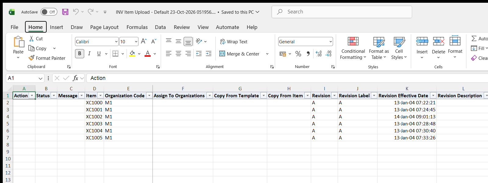 INV Item Upload downloaded Excel file