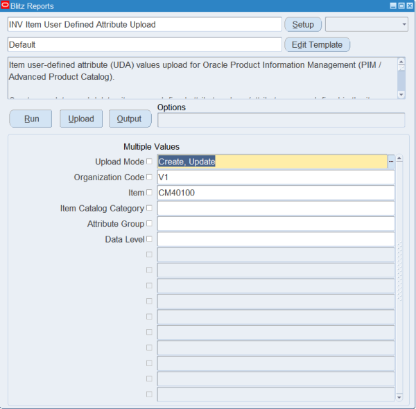 Blitz Report run screen for INV Item User Defined Attribute Upload with Upload Mode Create, Update, Organization Code V1 and Item CM40100