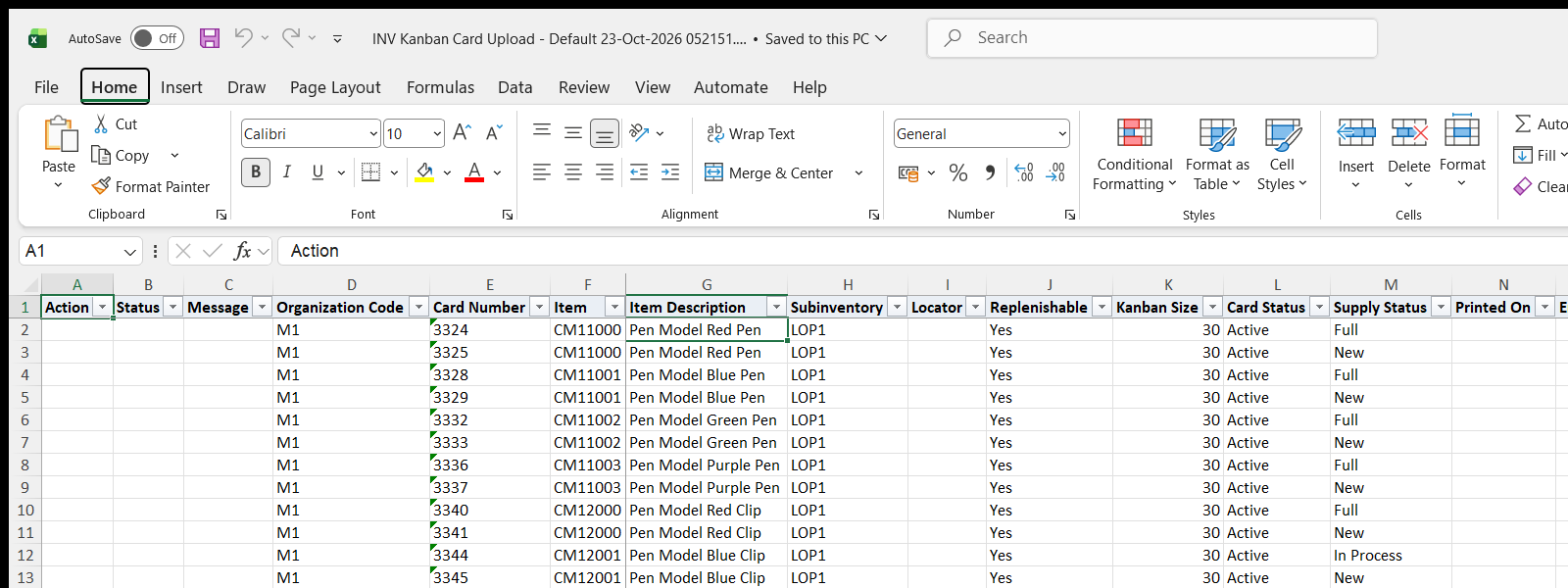 INV Kanban Card Upload downloaded Excel file