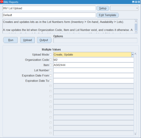 Blitz Report run screen for INV Lot Upload with the Default template, Upload Mode Create, Update, Organization Code M2 and Item AS62444