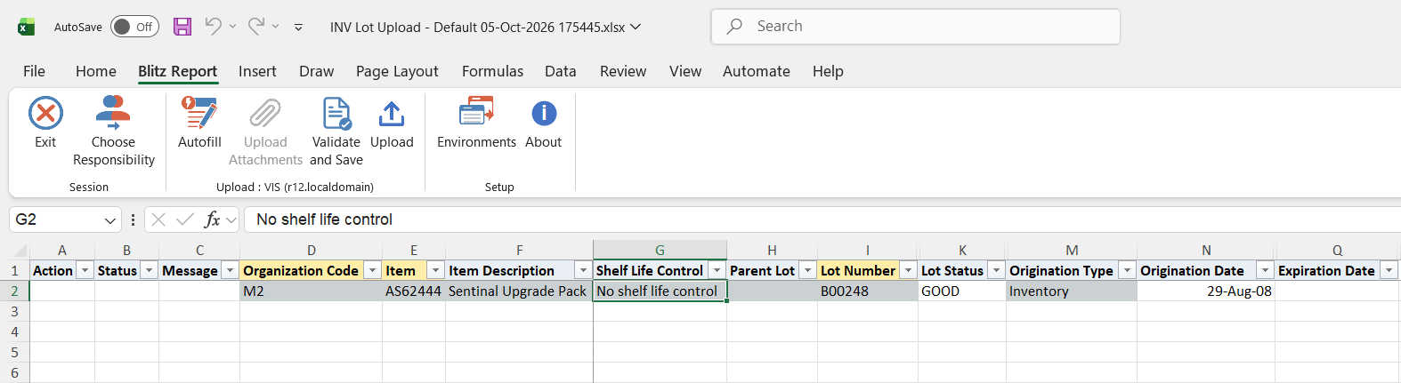 Excel file with the existing lot B00248 of item AS62444 in organization M2, status GOOD