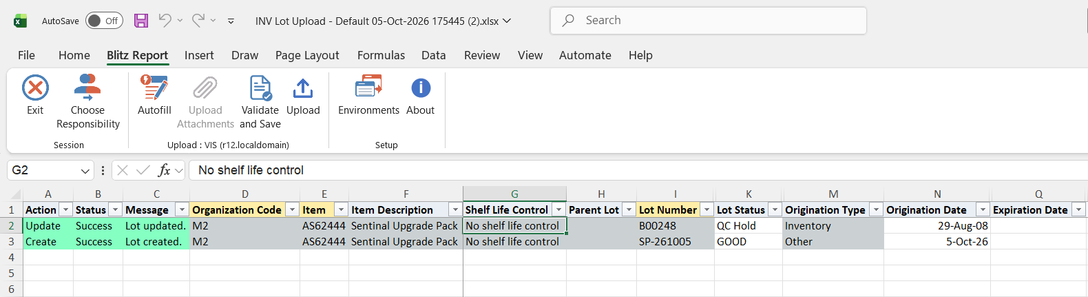 Result report showing lot B00248 updated to QC Hold and lot SP-261005 created with the item default status GOOD and today's origination date, both with status Success