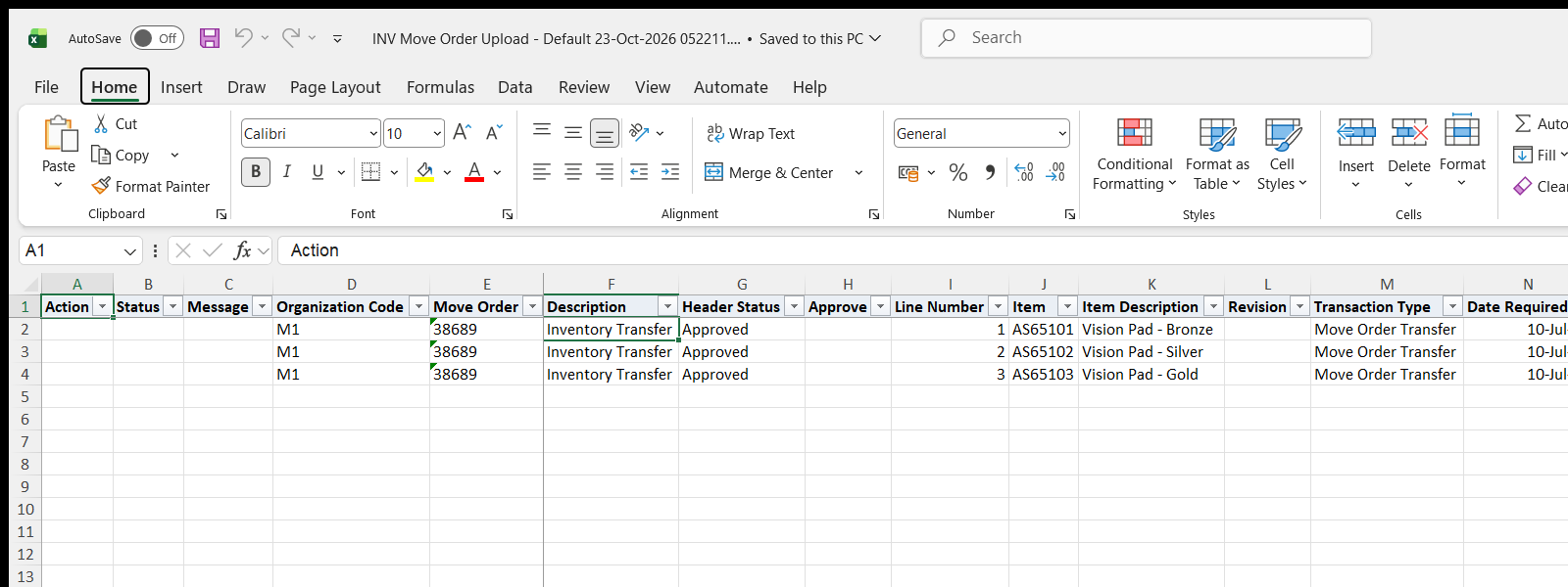 INV Move Order Upload downloaded Excel file