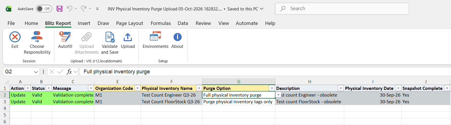 Both rows show status Valid after Validate and Save