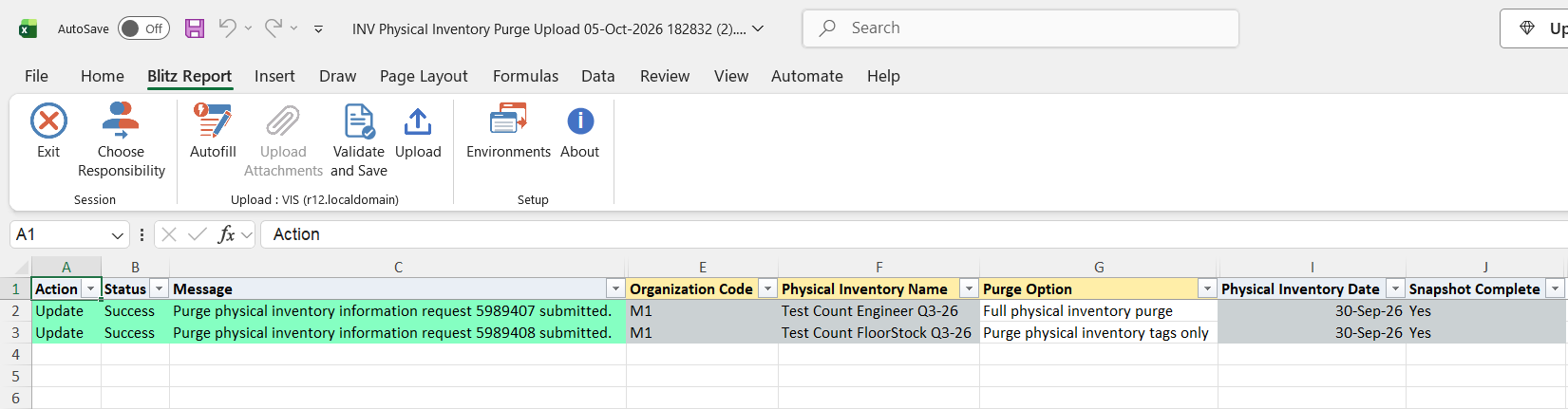 Result report showing both rows with status Success and the request id of each submitted purge request