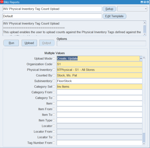 Blitz Report run screen with Upload Mode Create, Update, Organization Code S1, Physical Inventory 97Physical - S1 - All Stores, Counted By Stock, Ms. Pat and Subinventory FloorStock