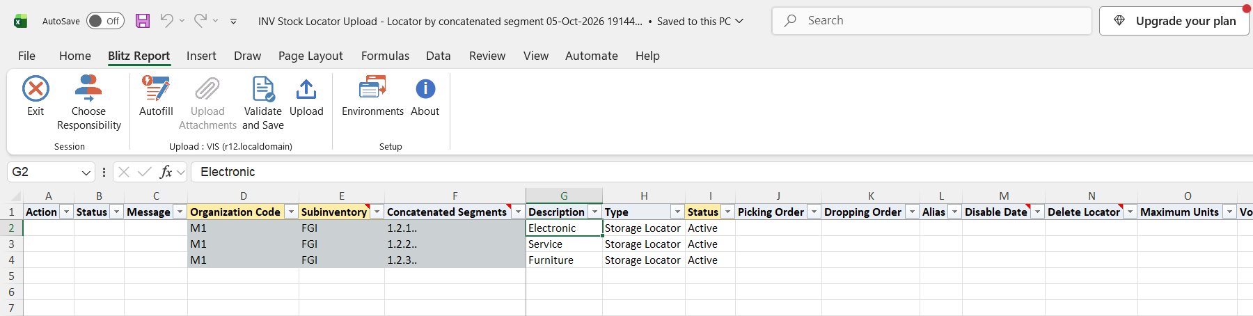 Excel file with the three existing locators of subinventory FGI in organization M1, showing concatenated segments, description, type and status