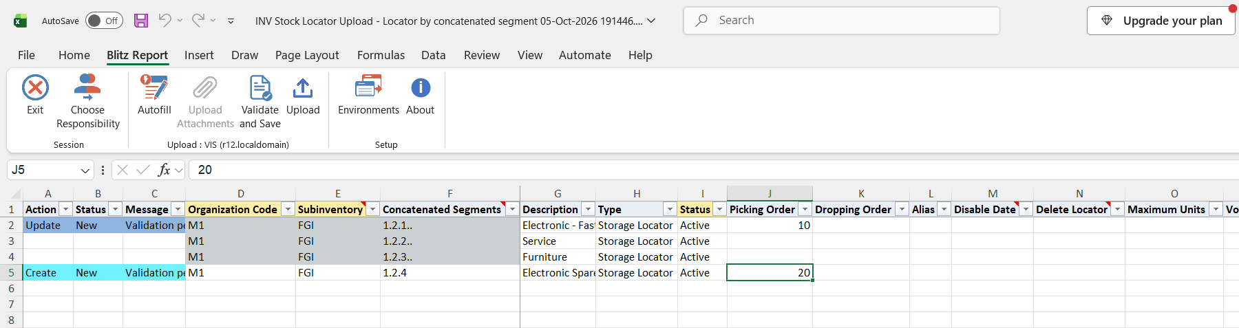 Excel file with an updated description and picking order on locator 1.2.1 and a new row for locator 1.2.4, marked Update and Create