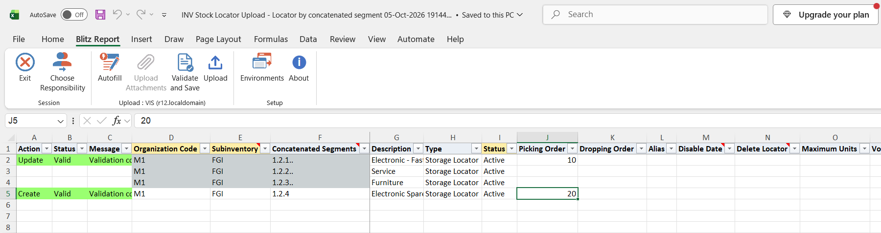 Excel file after Validate and Save, with both changed rows showing status Valid