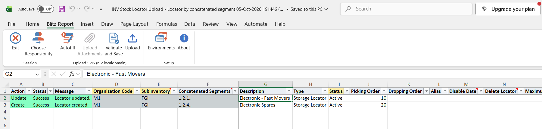 Result report showing Locator updated. and Locator created. with status Success for both rows