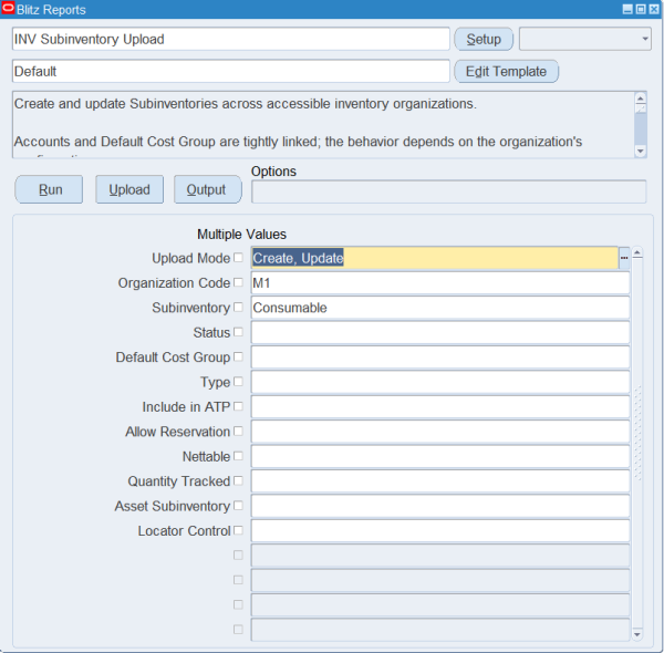 Blitz Report run screen for INV Subinventory Upload with Upload Mode Create, Update, Organization Code M1 and Subinventory Consumable