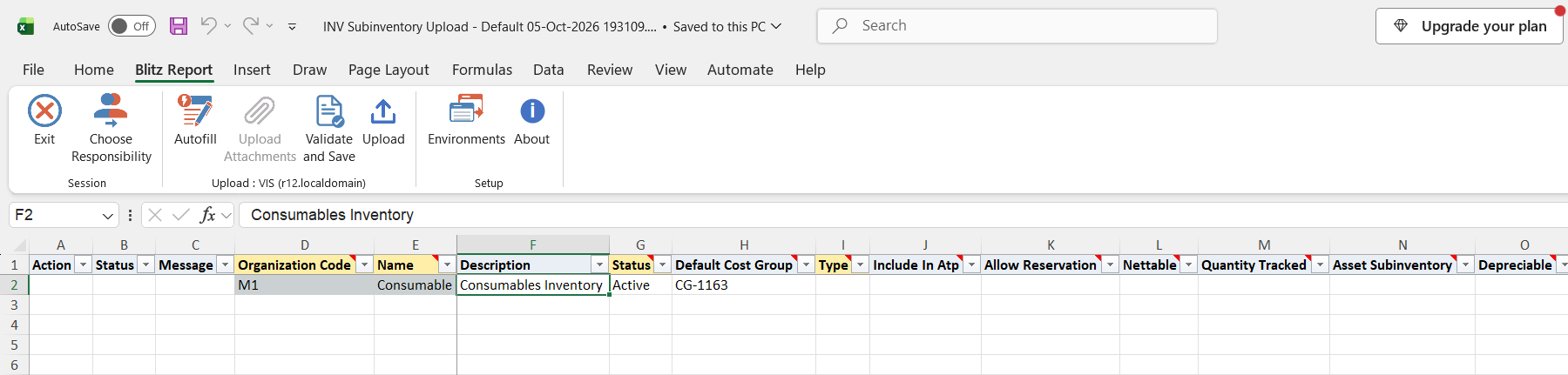Excel file with the existing subinventory Consumable of organization M1
