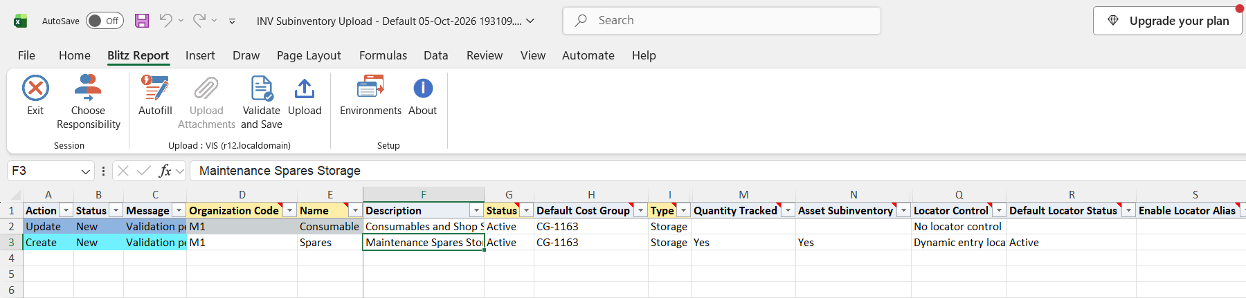 Excel file with the description of Consumable changed, marked Update, and a new subinventory Spares with dynamic locator control added, marked Create