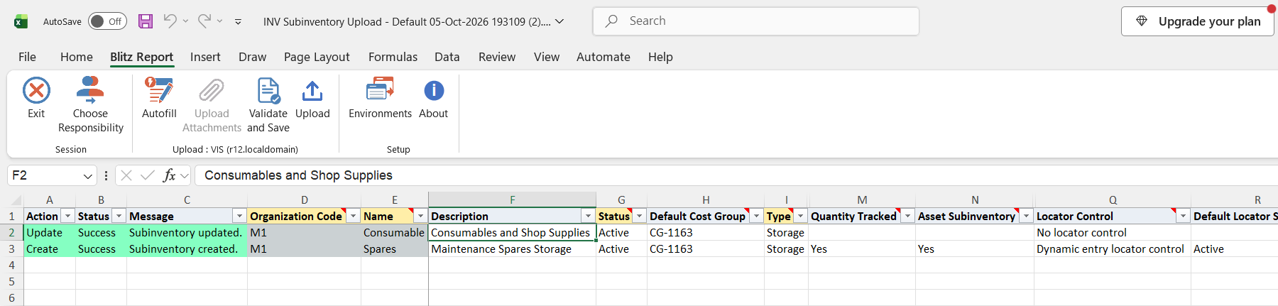 Result report showing Consumable updated and Spares created with status Success