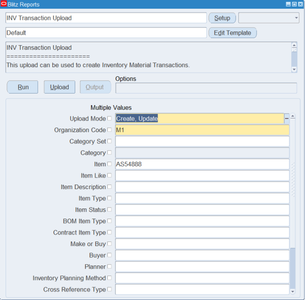 Blitz Report run screen for INV Transaction Upload with Upload Mode Create, Update, Organization Code M1 and Item AS54888