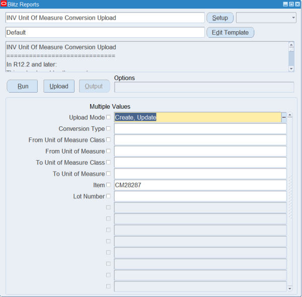 Blitz Reports run screen for INV Unit Of Measure Conversion Upload with Upload Mode Create, Update and Item CM28287
