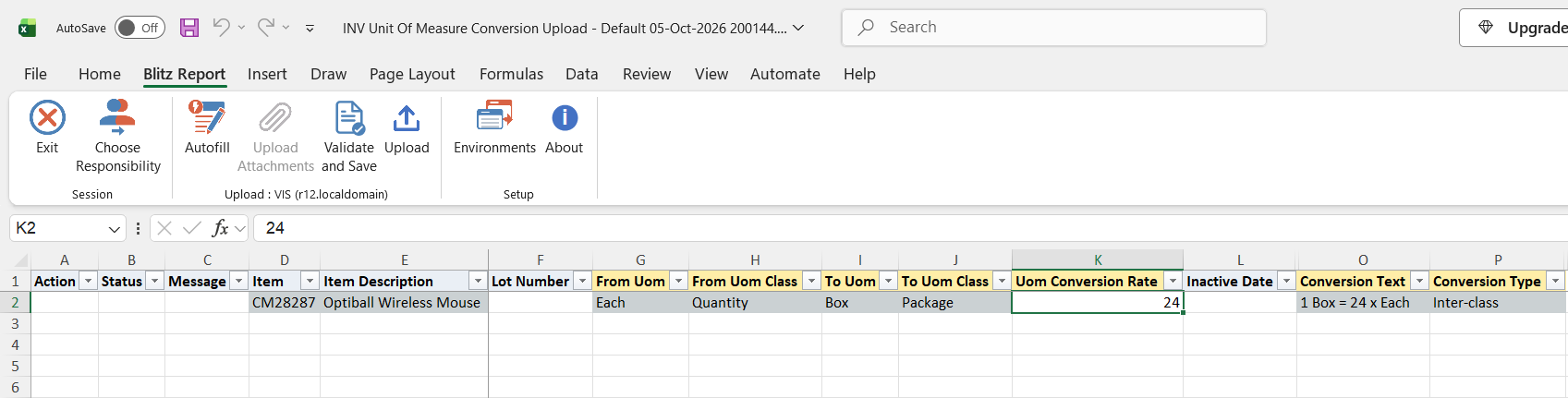 Excel file with the existing inter-class conversion 1 Box = 24 x Each for item CM28287 Optiball Wireless Mouse