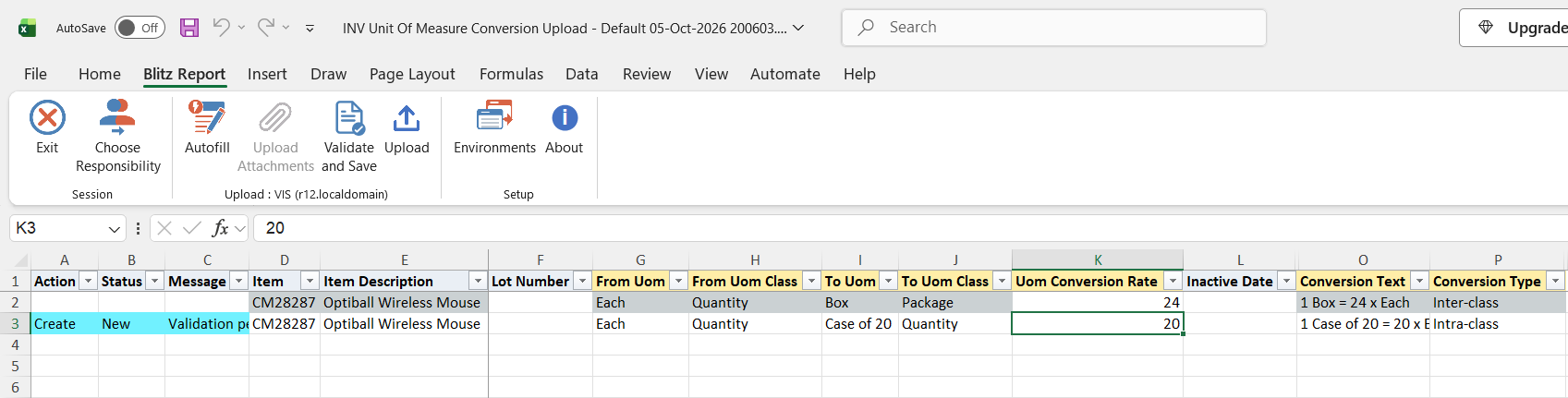 New row for item CM28287 converting Each to Case of 20 at rate 20, marked Create with Intra-class conversion type