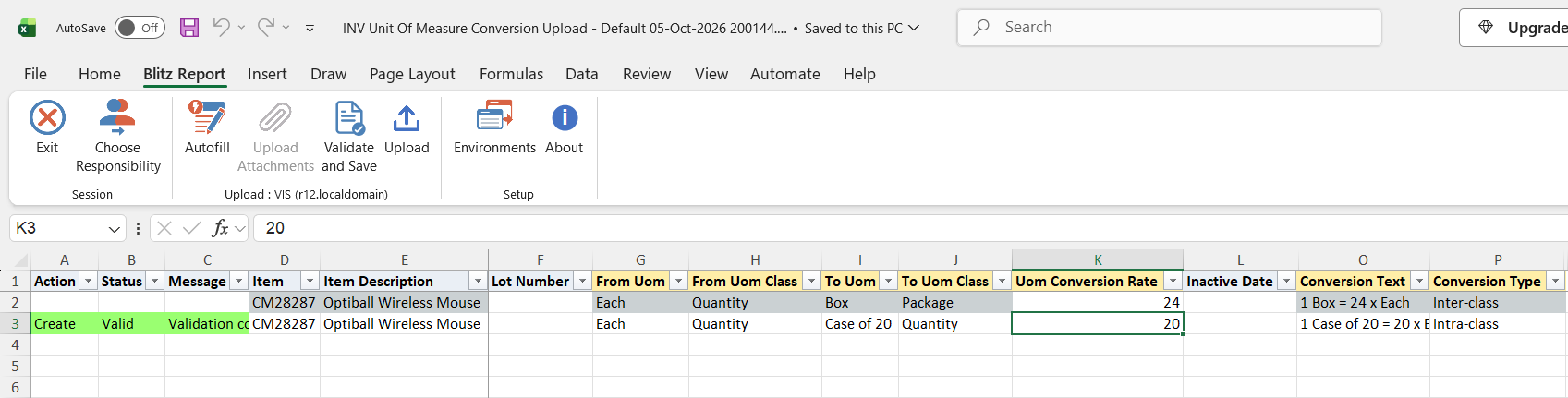 The new conversion row shows status Valid after Validate and Save