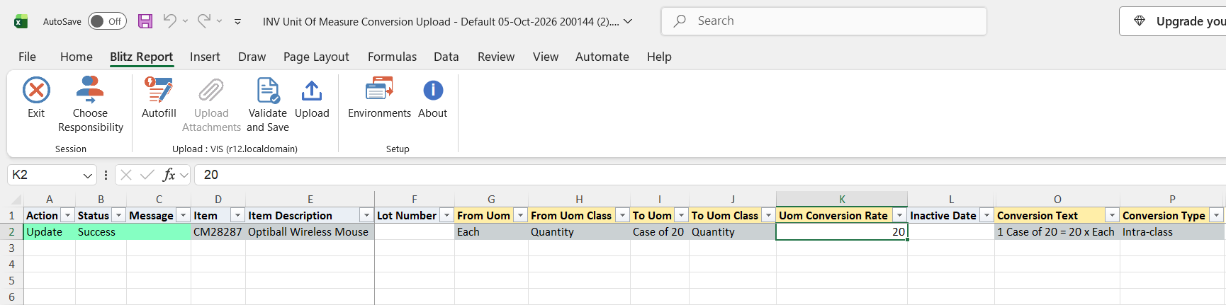 Result report showing the Case of 20 conversion for CM28287 uploaded with status Success