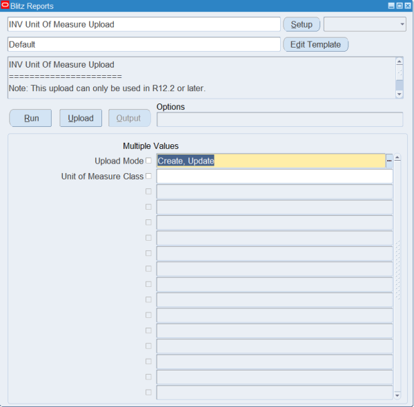 Blitz Report run screen for INV Unit Of Measure Upload with the Default template, Upload Mode Create, Update and an empty Unit of Measure Class