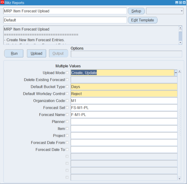 Blitz Report run screen for MRP Item Forecast Upload with Upload Mode Create, Update, Organization Code M1, Forecast Set FS-M1-PL and Forecast Name F-M1-PL