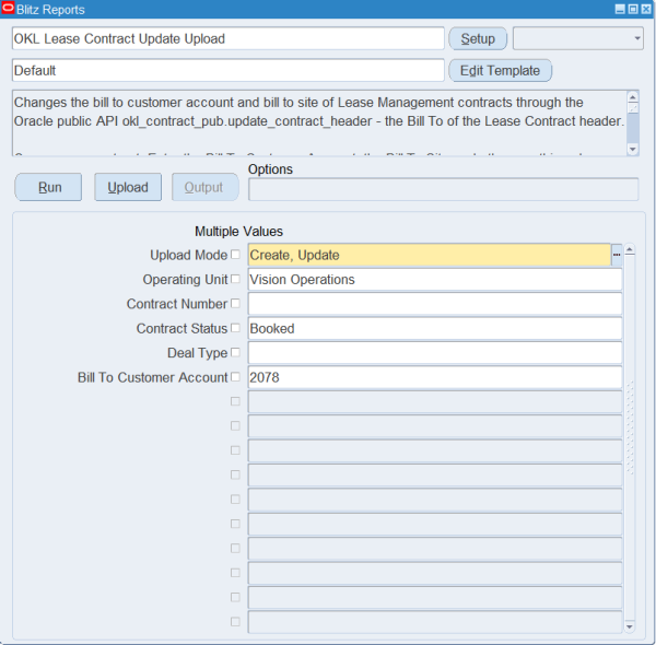 Blitz Report run screen for OKL Lease Contract Update Upload with Operating Unit Vision Operations, Contract Status Booked and Bill To Customer Account 2078