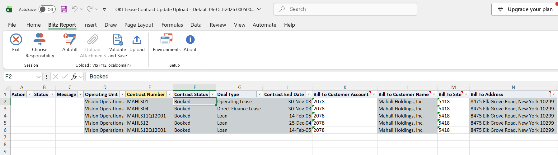 Excel file with the five booked contracts of customer account 2078, Mahali Holdings, all billed to site 5418