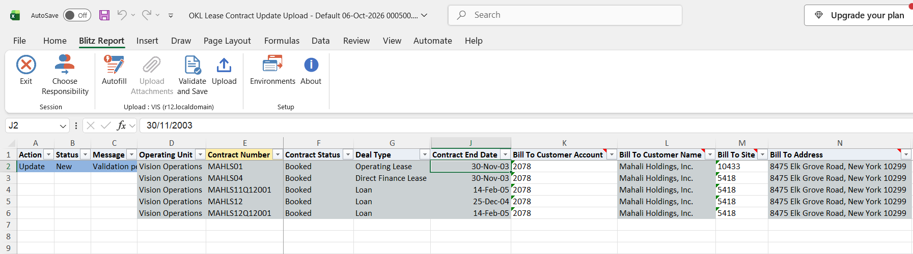 Excel file with the Bill To Site of contract MAHLS01 changed to 10433, marked Update