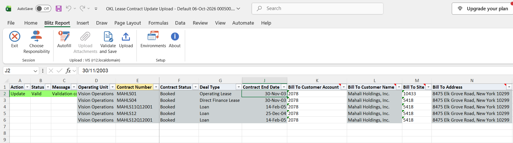 The changed contract row shows status Valid after Validate and Save