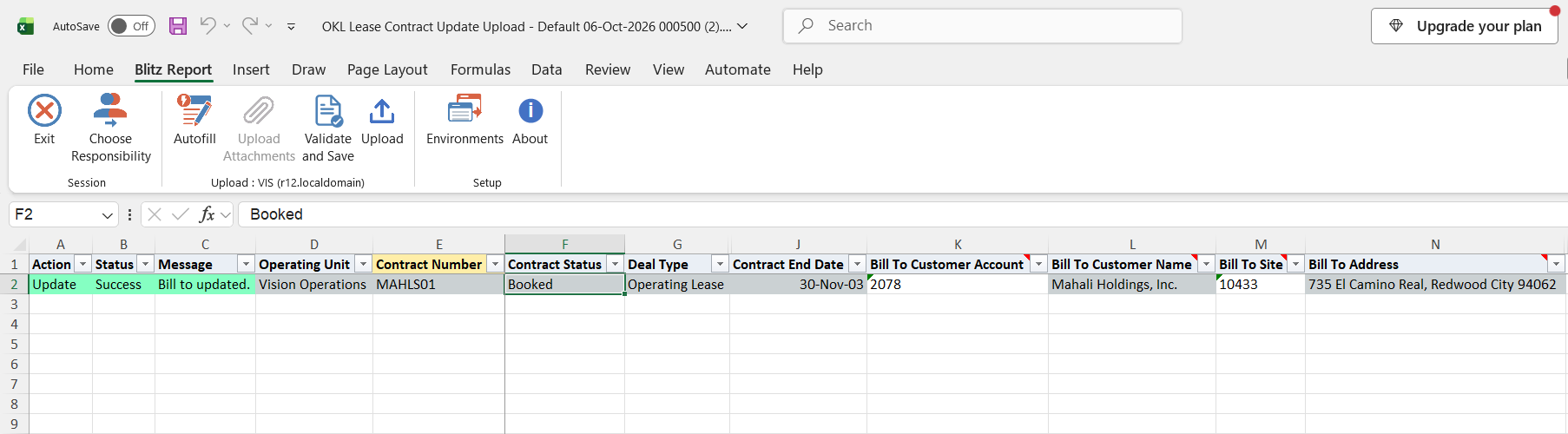 Result report showing contract MAHLS01 with status Success, message Bill to updated. and the new bill to site 10433 in Redwood City