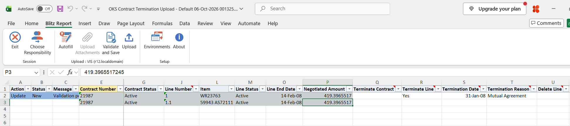 Excel file with Terminate Line set to Yes on line 1, termination date 31-Jan-08 and reason Mutual Agreement, marked Update