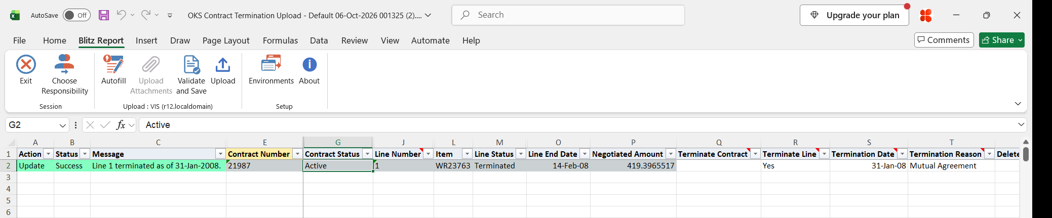 Result report showing line 1 of contract 21987 terminated as of 31-Jan-2008 with line status Terminated and status Success