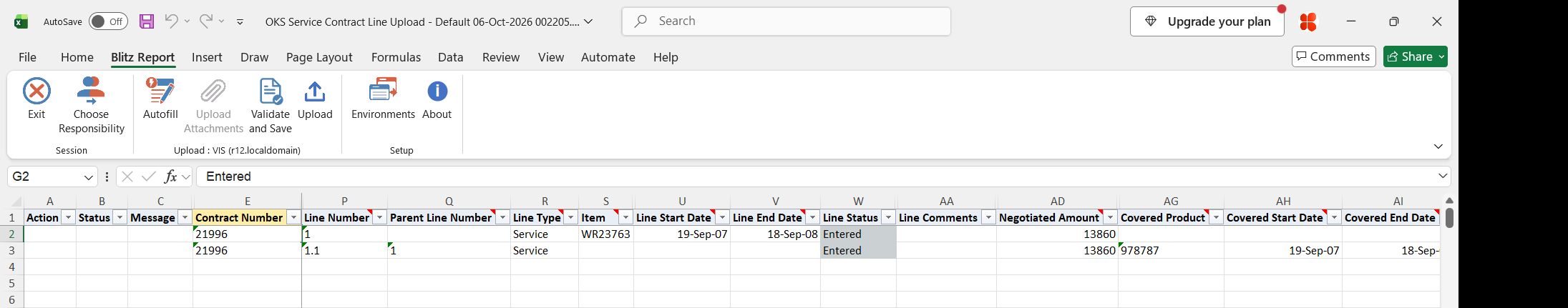 Excel file with service line 1 and covered product subline 1.1 of service contract 21996, with line type, item, dates, status and negotiated amount