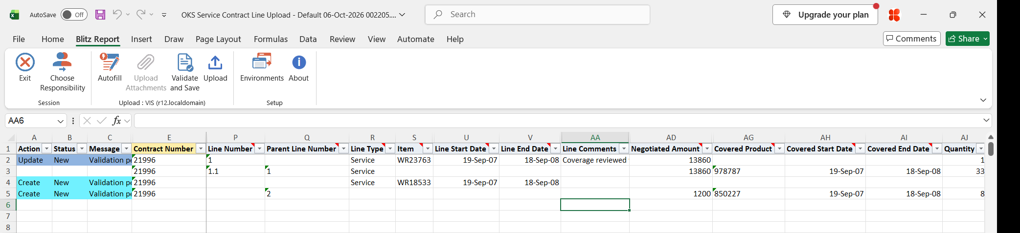 Excel file with a line comment entered on line 1, a new service line for item WR18533 and a new covered product 850227 under parent line 2, marked Update and Create