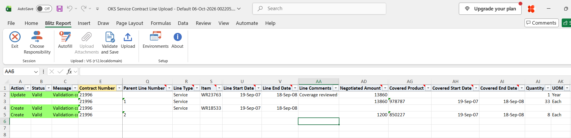 The changed and new rows show status Valid after Validate and Save